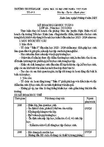Kế hoạch giáo dục Lớp 4A - Tuần 0 Năm học 2023-2024 (Đoàn Thị Mộng)