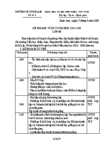 Kế hoạch giáo dục Lớp 5B - Tuần 0 Năm học 2023-2024 (Nguyễn Thị Thu Thảo)