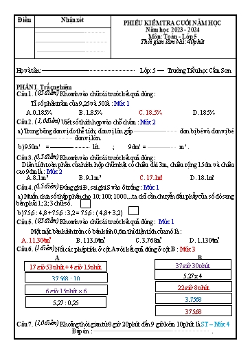 Ma trận và Phiếu Kiểm tra Cuối năm học 2023-2024 môn Toán 5 (Kèm hướng dẫn chấm)