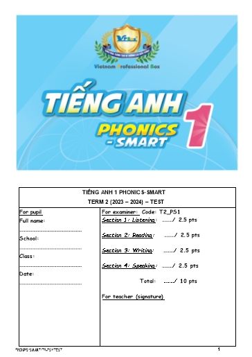 Phiếu bài tập Tiếng Anh 1 (Phonics - Smart) - Term 2 (2023-2024) - Test