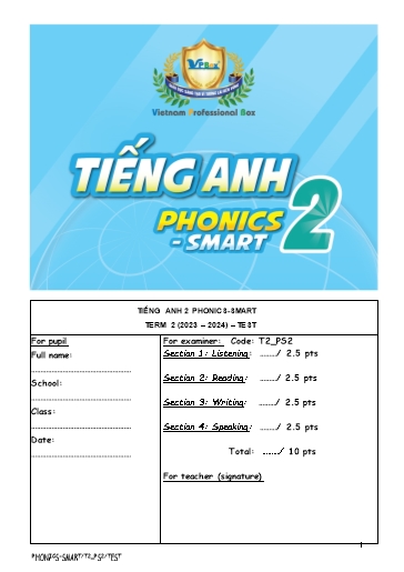 Phiếu bài tập Tiếng Anh 2 (Phonics - Smart) - Term 2 (2023-2024) - Test
